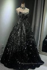 Pretty Ball Gown Strapless Black Sequin Semi Formal Prom Dresses Evening Dress